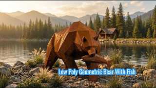 Große Grizzlybär-Skulptur aus Cortenstahl, geometrischer Low-Poly-Bär mit Fischstatue, Outdoor-Gartendekoration