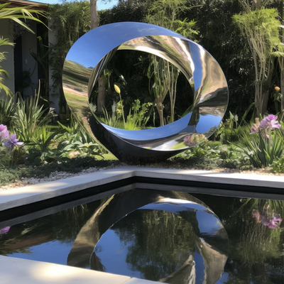 Moderne Spiegel aus Edelstahl Außenring Wasserlandschaft Skulptur für Hotels und Villen