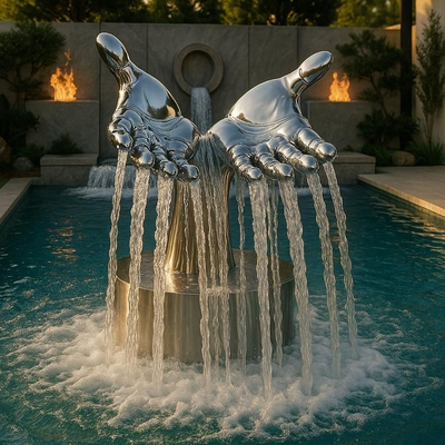 Große moderne Spiegel aus Edelstahl-Händen-Fountain-Skulptur
