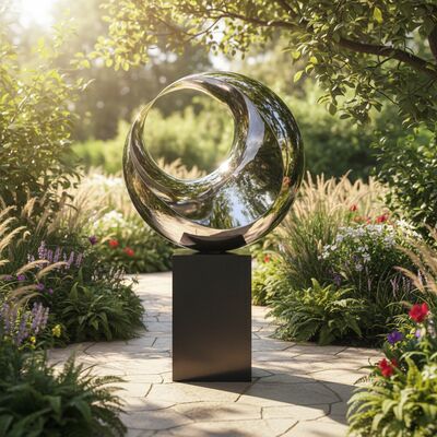 Ein guter Preis. Die Reflexionsskulptur des Halbmondes: Kunststück aus poliertem Stahl und schwarzem Marmor Online