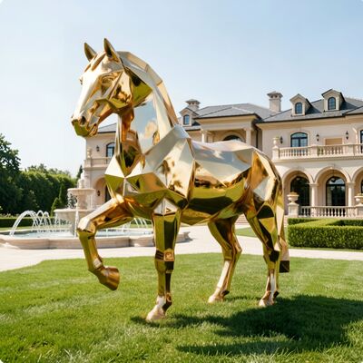 Ein guter Preis. Luxuriöse goldene geometrische Pferde-Statue, lebensgroße moderne Edelstahlskulptur für Villa, Garten und Hotel-Lobby-Dekoration Online