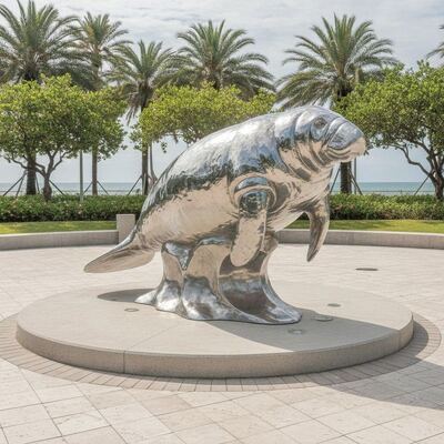 Lebensgröße Außenmanatee-Skulptur aus Edelstahl Spiegel Polierte Ozeantierstatue für den Plaza Park Dekoration am Meer Kunst
