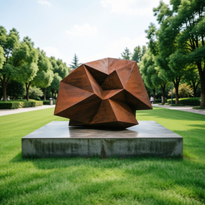 Ein guter Preis. Große abstrakte Cortenstahl-Geometrie-Skulptur, moderne Outdoor-Polyeder-Kunststatue, Gartenpark-Platz-Hotel-Landschaftsdekor Online