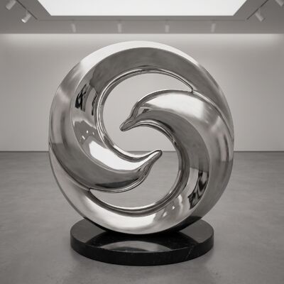 Ein guter Preis. Zeitgenössische Spiral-Delfinskulptur Spiegelpoliertes Edelstahl-Wasserbild für Garten, Pool und Küstenplatz Online