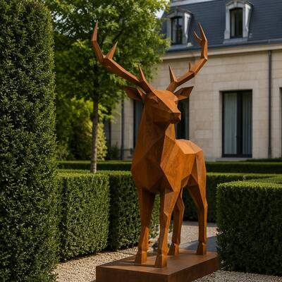 Ein guter Preis. Lebensgröße Geometrische Hirsche Metallskulptur Verwitterung Corten Stahl Low Poly Tier Statue Moderne Außengarten Dekor Custom Online