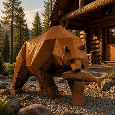 Ein guter Preis. Große Corten-Stahl-Grizzly-Bär-Skulptur Niedrig-Poly-Geometrischer Bär mit Fisch-Statue Außengartendekor Rost-Metall-Rasen-Kunst Online